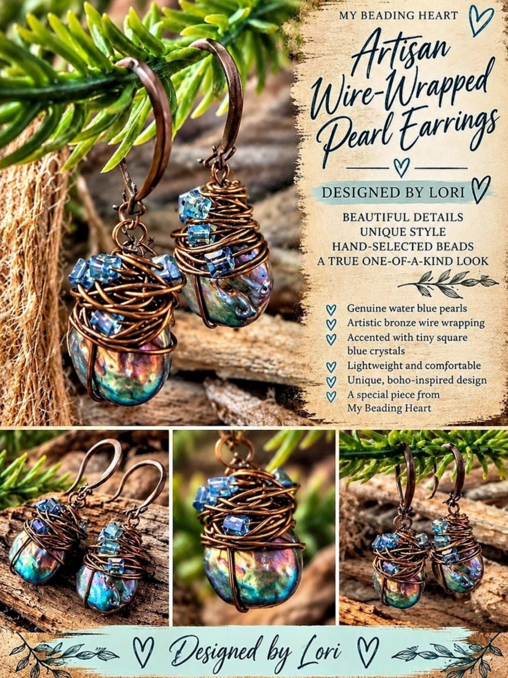 My Beading Heart Artisan Wire-Wrapped Pearl Earrings Blue Wire-Wrapped Pearl NWT